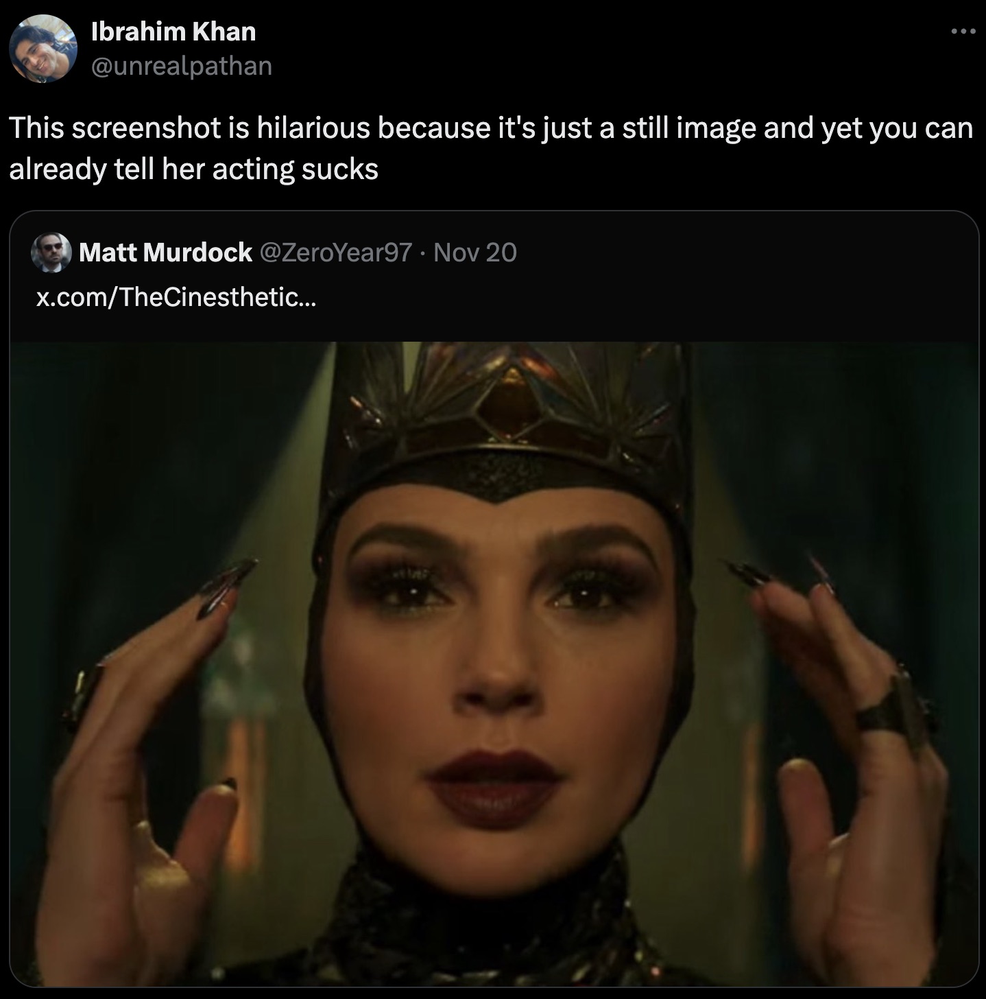 live action queen from snow white - Ibrahim Khan ... This screenshot is hilarious because it's just a still image and yet you can already tell her acting sucks Matt Murdock Nov 20 x.comTheCinesthetic... 1957